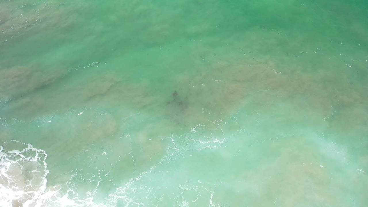 Top-down Los Cabos water view with a small white foam patch near the lower left, muted sandy color beneath the green water, and no visible people.