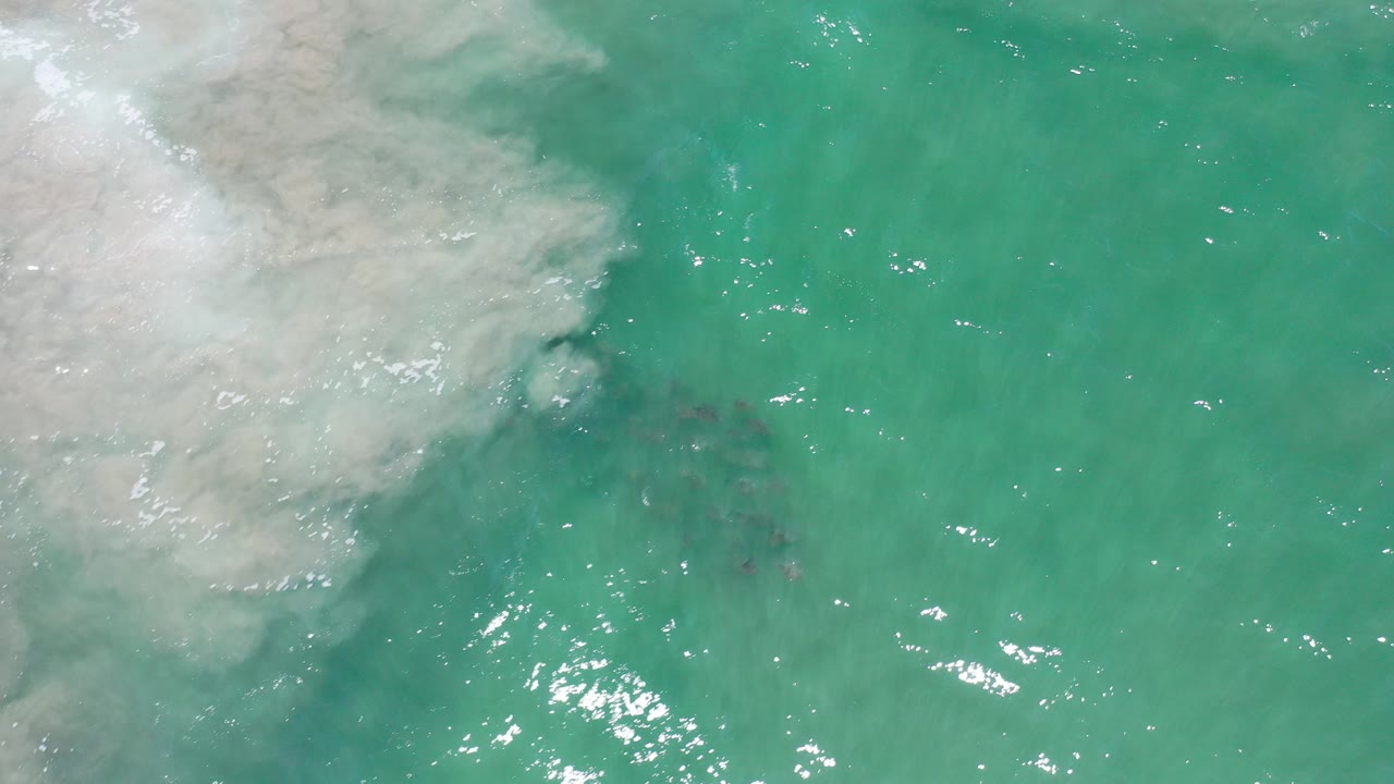 Overhead view of green water and pale white surf at the edge of the frame in Los Cabos, Mexico, with no visible people.