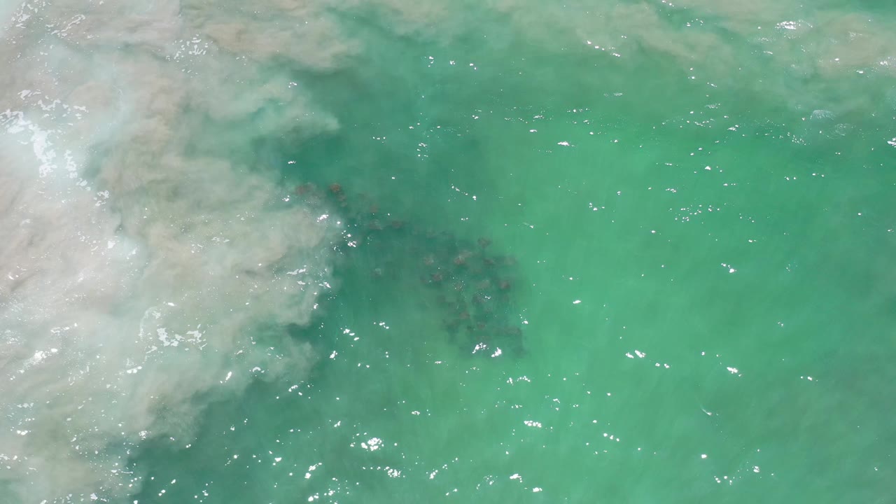 Overhead Los Cabos water frame with cloudy white surf wash on the left, clear green-blue sea to the right, and no visible people.