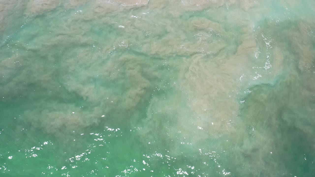 Overhead Los Cabos beach water shows green turquoise shallows, submerged sand patterns, and scattered bright reflections, with no visible people.