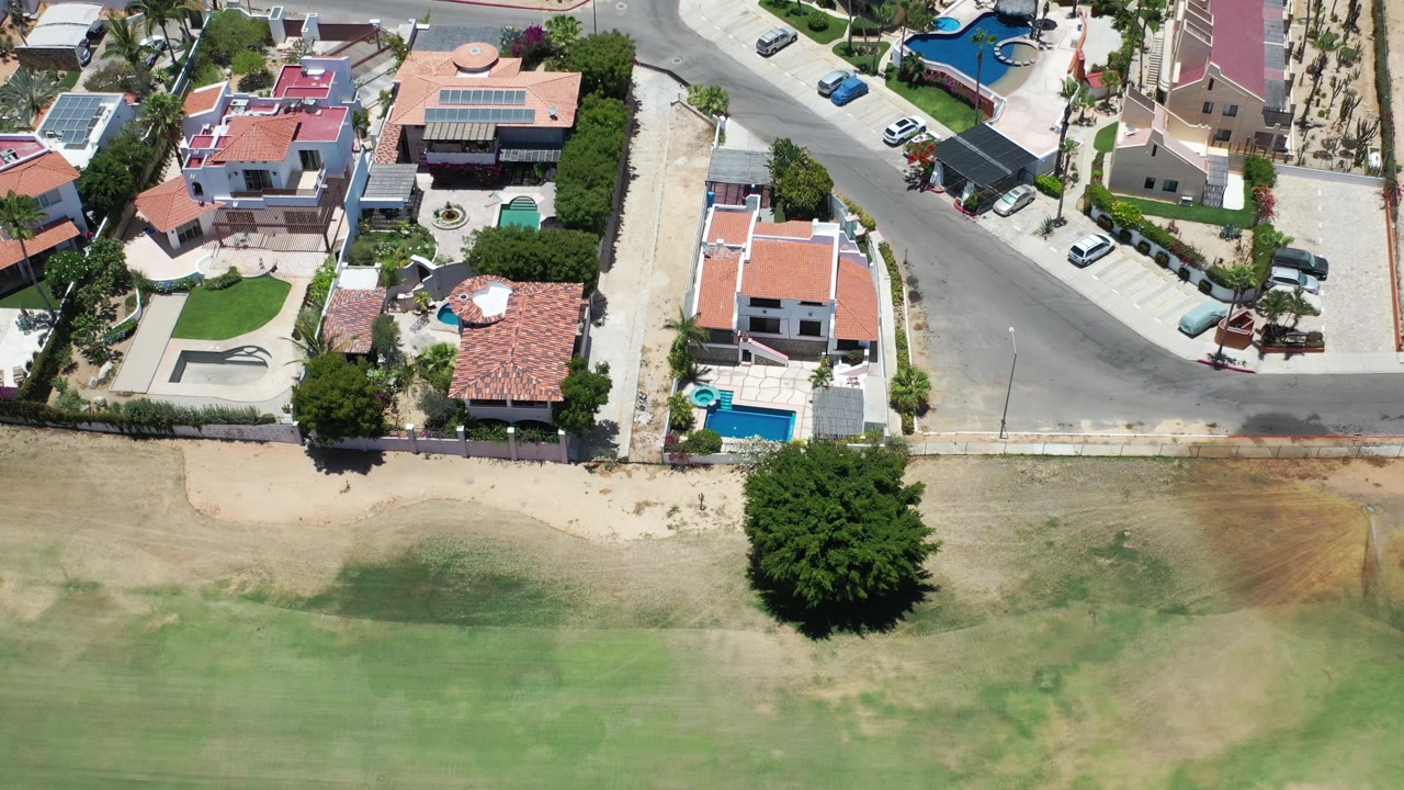 Overhead Los Cabos residential view with several homes, blue pools, parked vehicles along a clean road, a large tree near the shoreline, and no visible people.