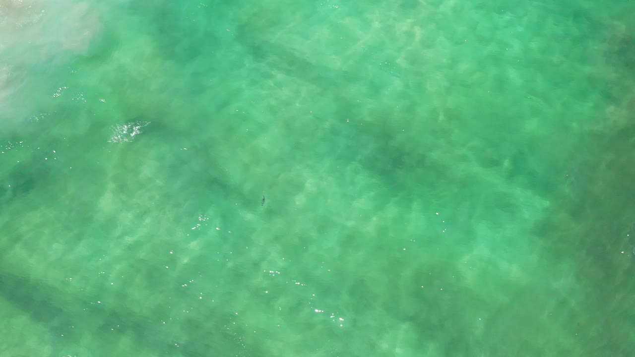 Top-down view of turquoise water in Los Cabos, Mexico, with faint darker underwater patches and no visible people.