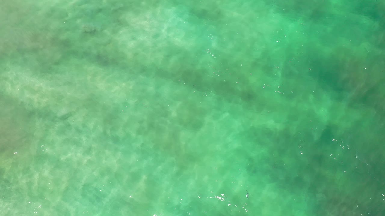 Aerial green water with milky sand tones beneath the surface.