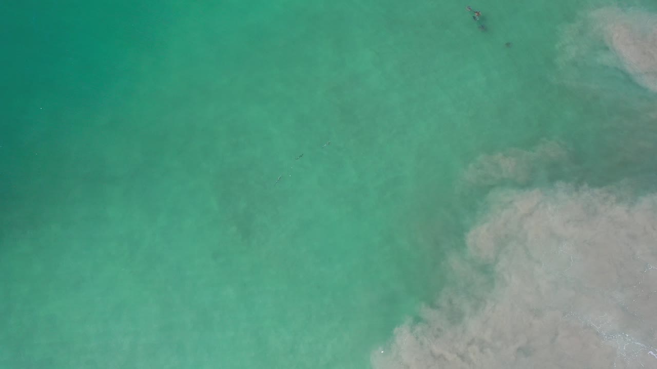 Overhead view of sea-green water in Los Cabos, Mexico, with pale surf haze along the right side and no visible people.