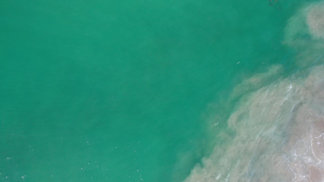 Top-down view of green ocean water in Los Cabos with a pale sand formation entering from the right edge and no visible people.