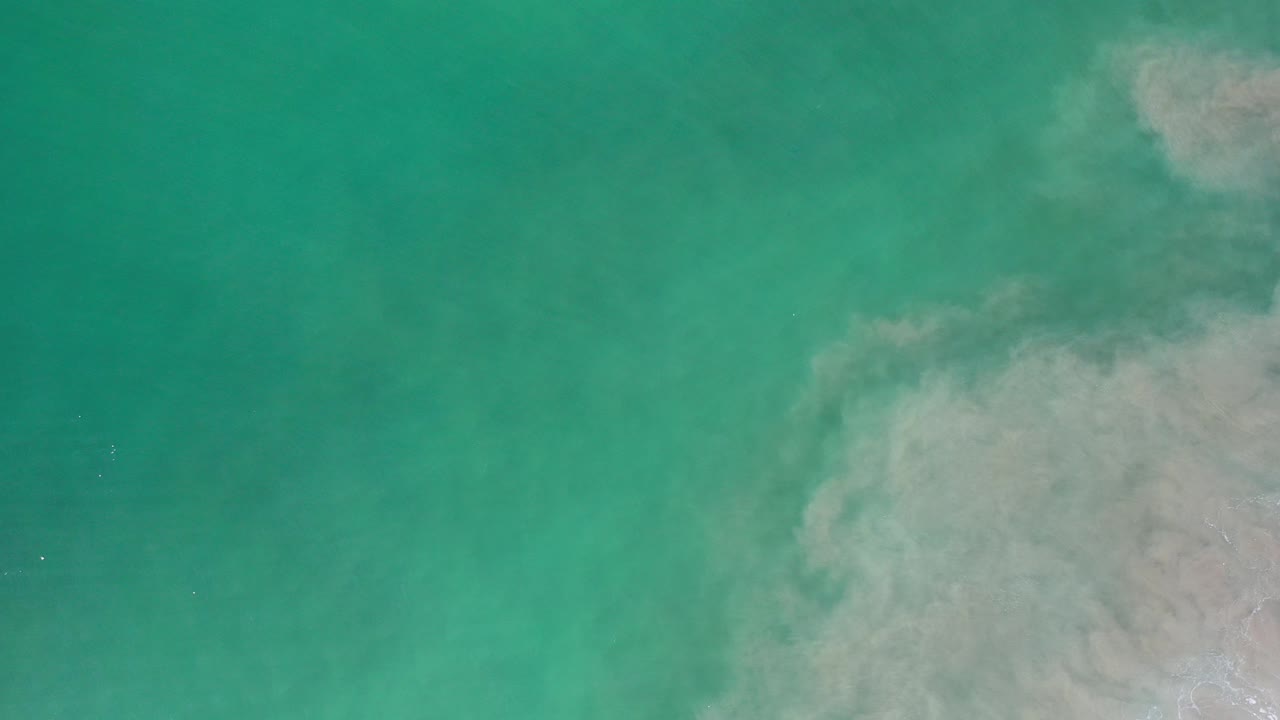 Top-down view in Los Cabos, Mexico of green coastal water with a pale muddy edge entering from the right side, with no visible people.