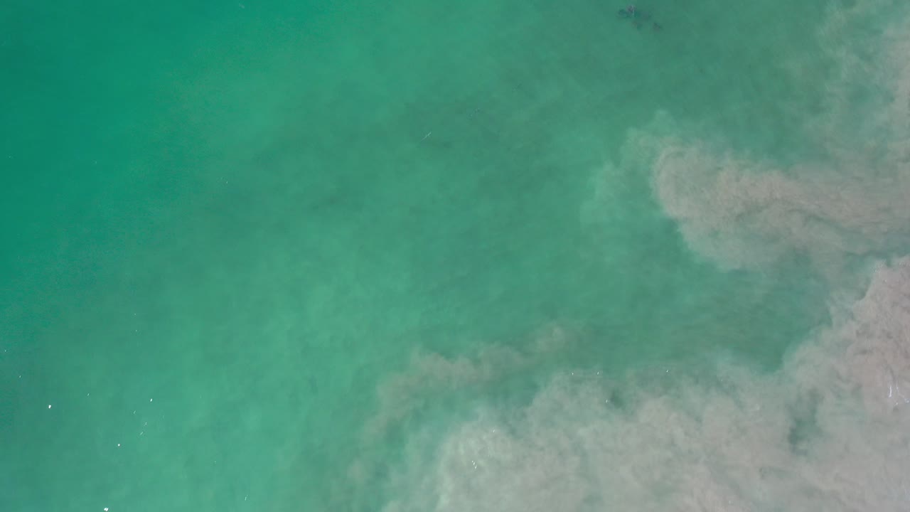 Overhead view of turquoise ocean water in Los Cabos with pale sandy wash entering from the right edge and no visible people.