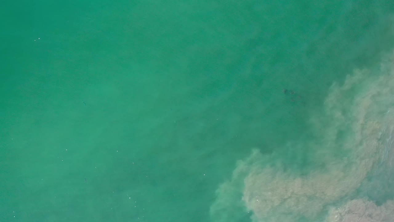 Overhead Los Cabos seawater frame with green aqua color, faint surface specks, and a pale rippled area along the right side with no visible people.