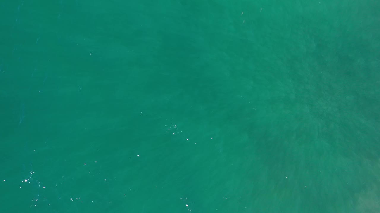 Aerial frame of Los Cabos ocean water with darker submerged tonal patches crossing the green surface and no visible people.