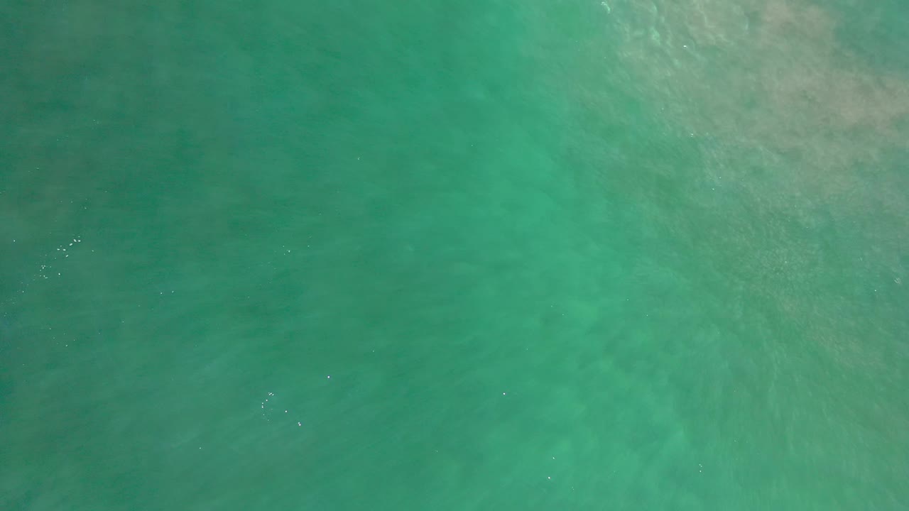 Top-down Los Cabos ocean surface with green-blue water, pale submerged sand tones, scattered white glints, and no visible people.
