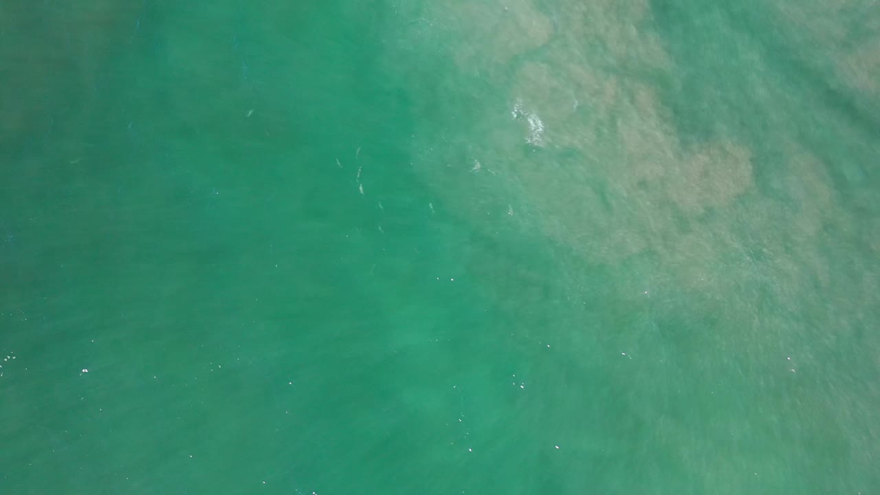 Green coastal water in Los Cabos fills the frame, with cloudy tan sand shapes below and no visible people.