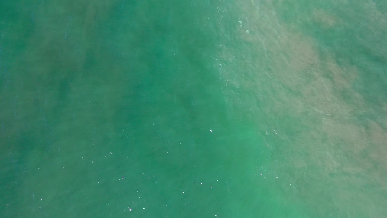 Overhead view of green ocean water in Los Cabos with pale suspended streaks near the upper right and no visible people.