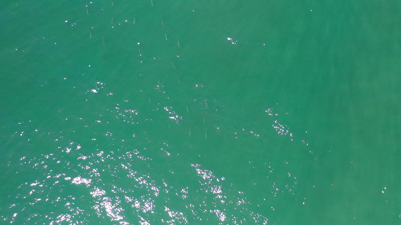 Overhead Los Cabos ocean water with fine surface texture, faint darker bands beneath the water, and small light flecks across the frame, no visible people.