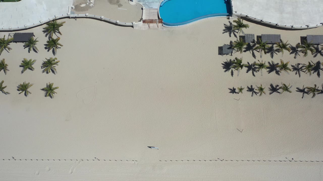 High overhead Los Cabos frame with a wide sandy area, grouped palm trees, a curving white pool deck, and a bright blue pool at the top of frame, with no visible people in this frame.