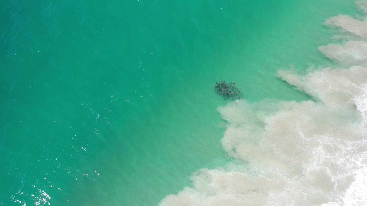 Aerial frame over Los Cabos ocean water, showing a dark submerged patch near foamy white wave water on the right, with no visible people.