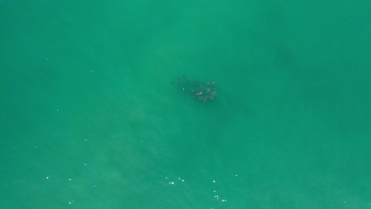 Top-down view of teal ocean water in Los Cabos, Mexico, with a small dark submerged cluster near the upper center and no visible people.