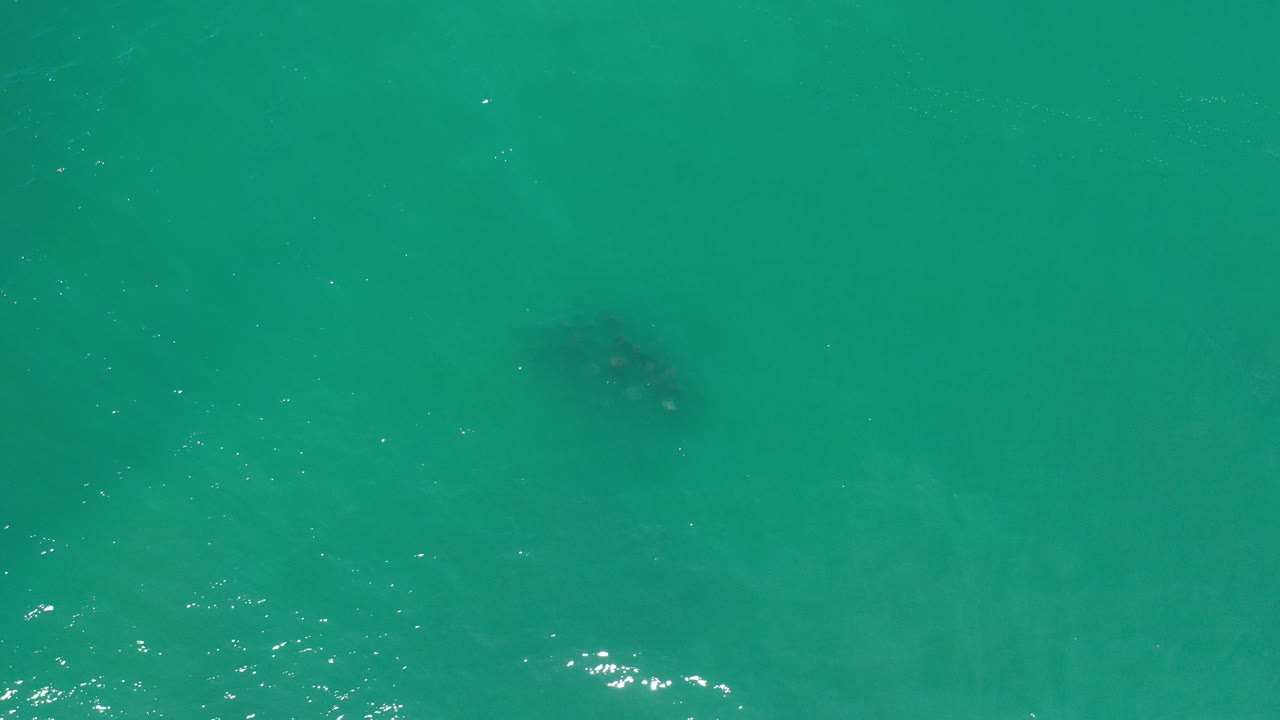 Top-down view of turquoise ocean water in Los Cabos, Mexico, with a dark submerged patch near the upper left and no visible people.