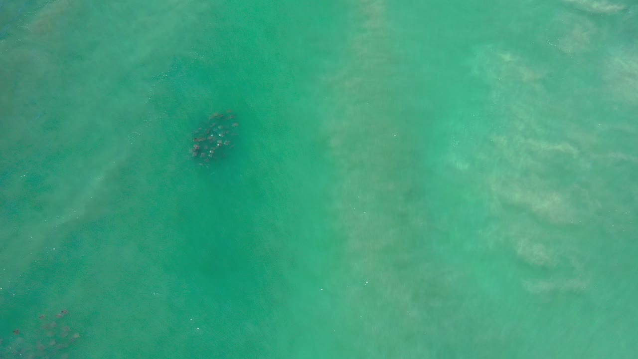Overhead frame from Los Cabos, Mexico showing green shallow ocean water with a small dark reef or rock patch near the upper left and no visible people.