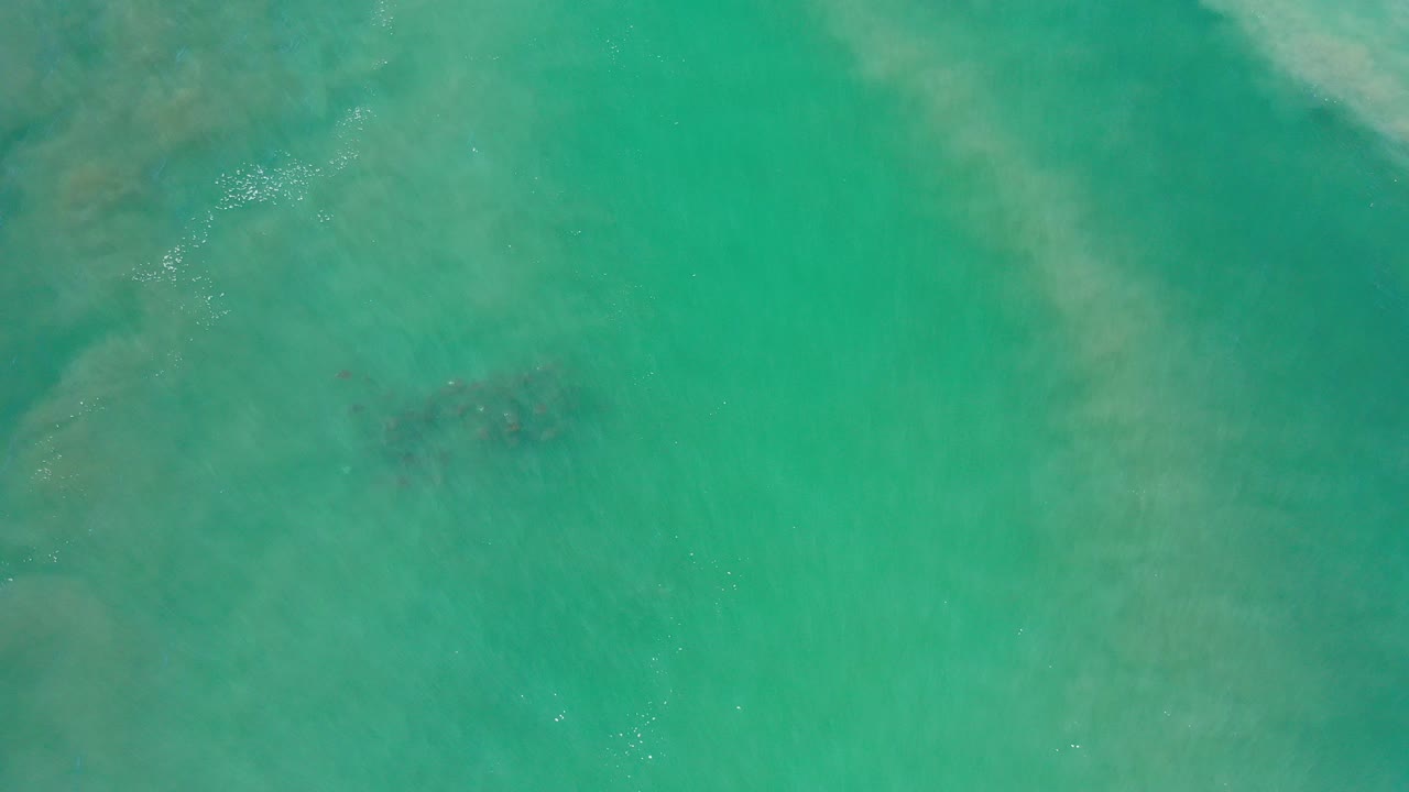 Turquoise water seen from above with pale underwater haze and a faint dark shape.