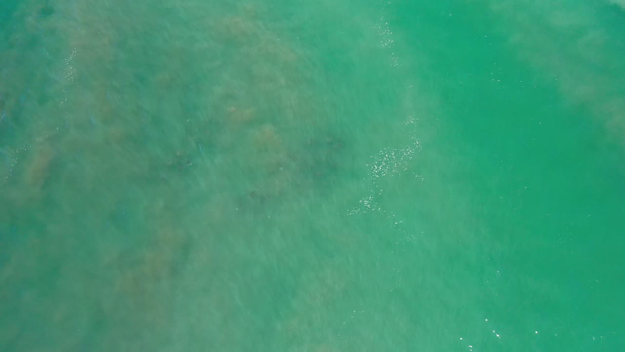 Aerial frame of green-blue Los Cabos ocean water with muted darker areas beneath the surface, a few foam specks near center, and no visible people.