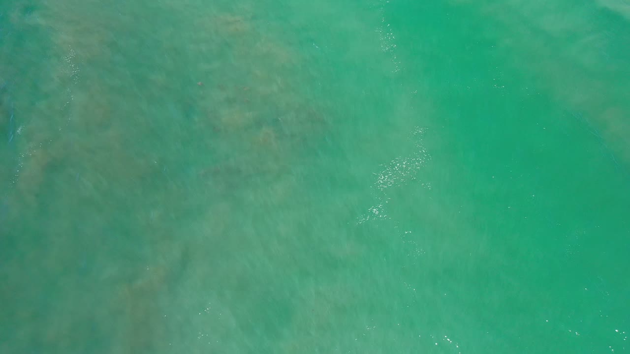 Overhead Los Cabos ocean frame showing green water, soft rippled texture, and a small cluster of bright reflections with no visible people.