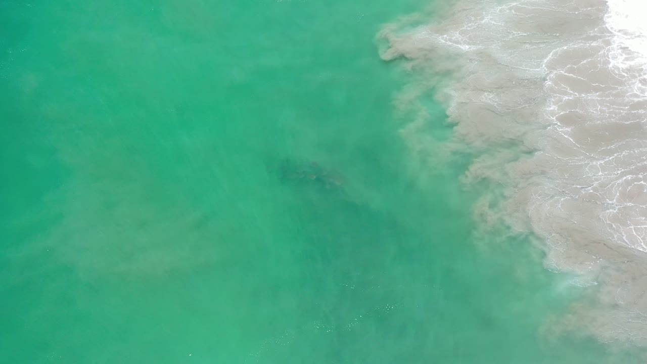 Turquoise shallow water with surf along the right edge