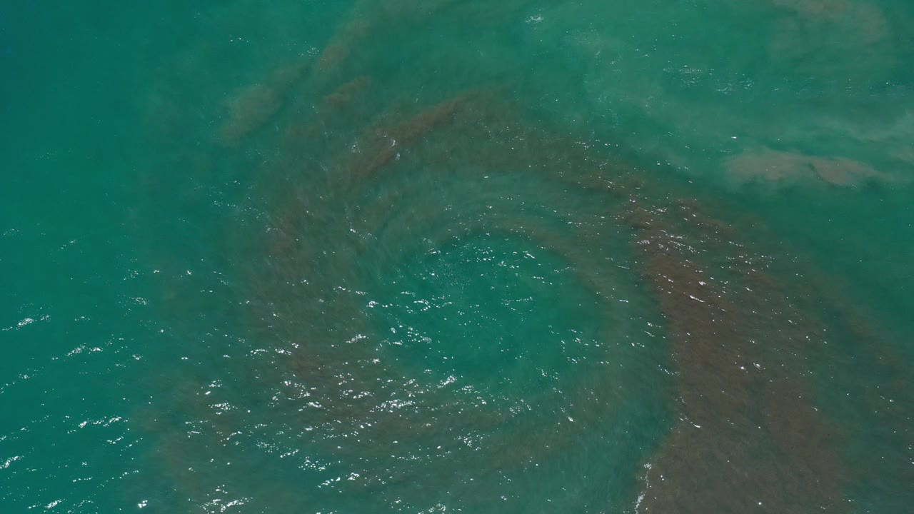 Turquoise shallow water with brown algae spiral below the surface