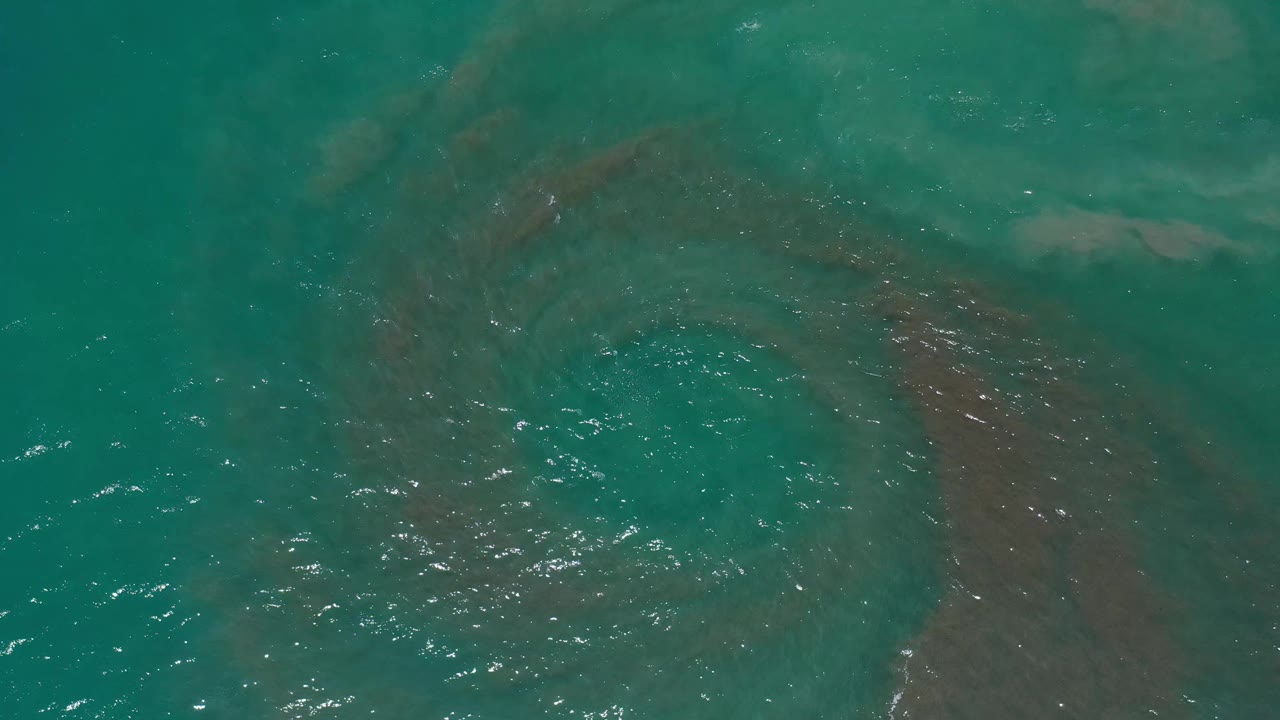 Overhead Los Cabos water frame with brighter ripples across the lower left and brown algae bands curving through the right half, no visible people.
