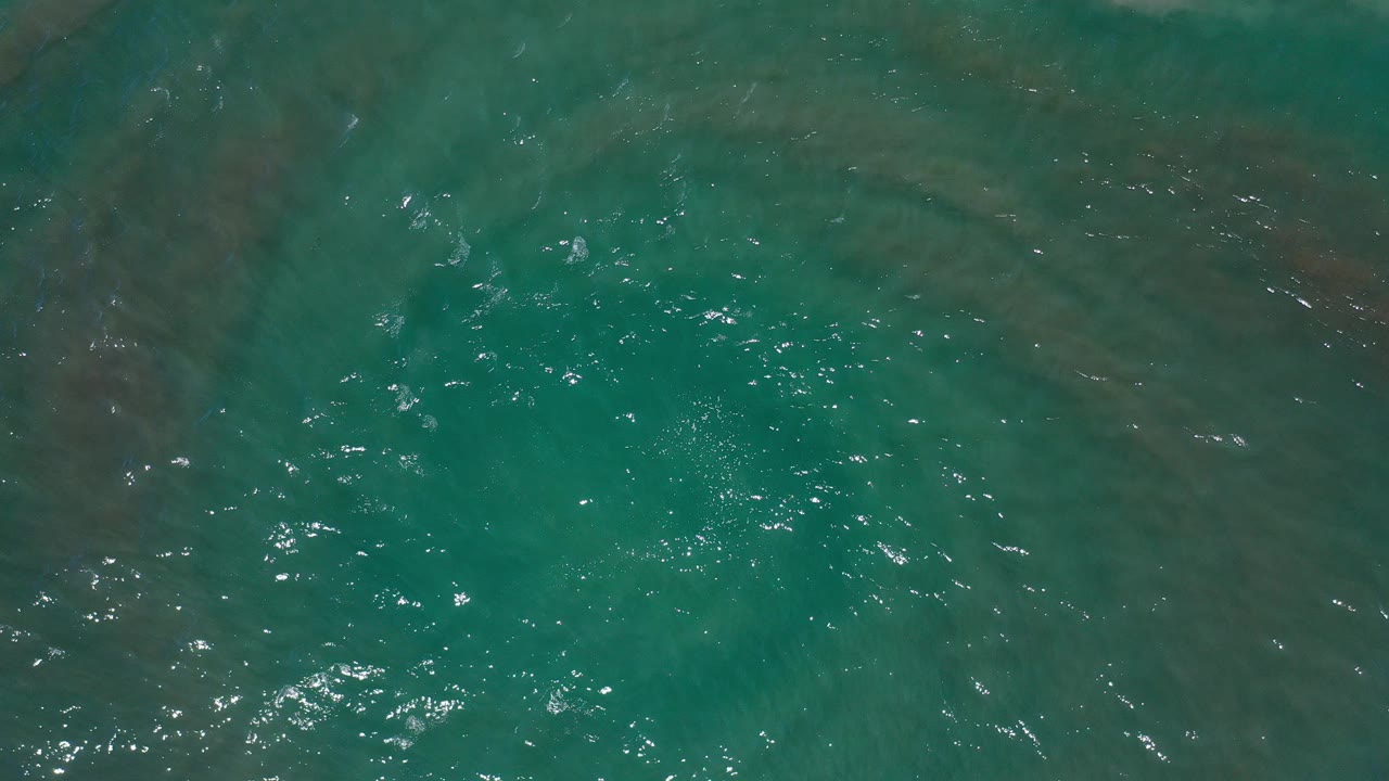 Overhead green seawater with dark submerged patches and white surface glints.