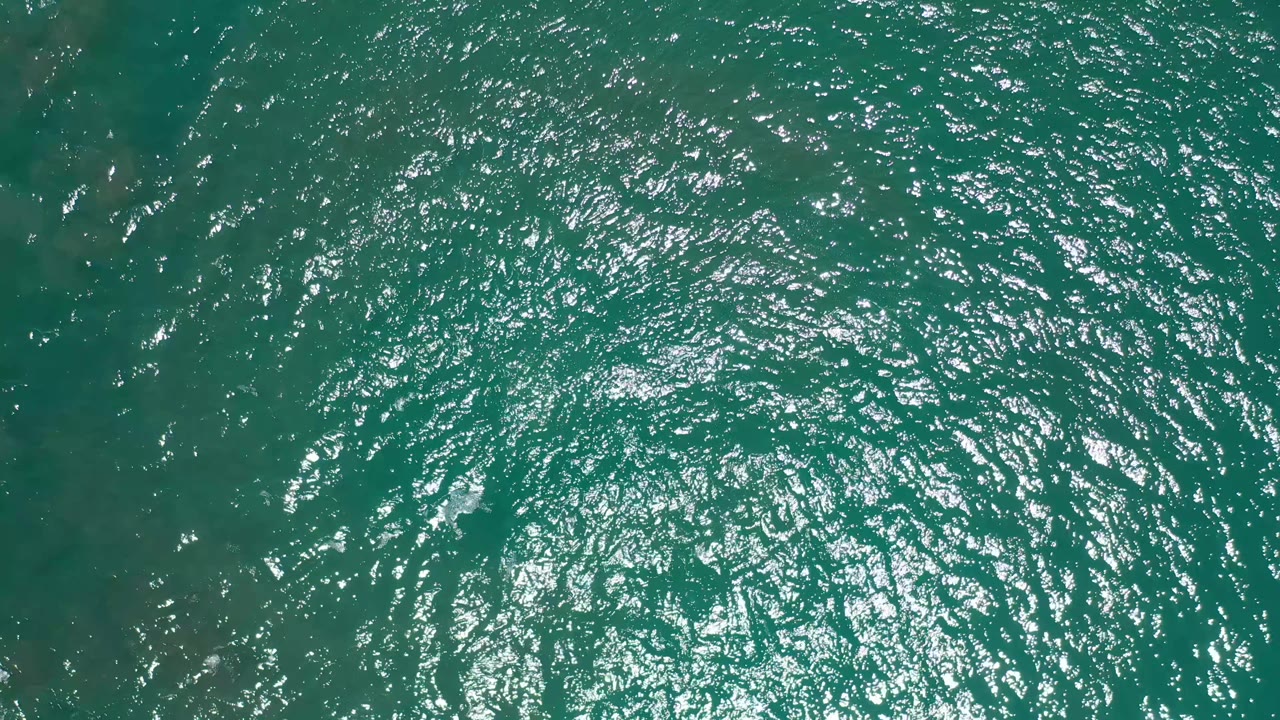Overhead Los Cabos sea surface with green-blue water, clustered glare, and faint darker streaks below the surface with no visible people.