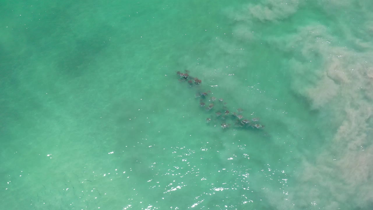 Turquoise ocean water with a dark underwater group near cloudy sand.