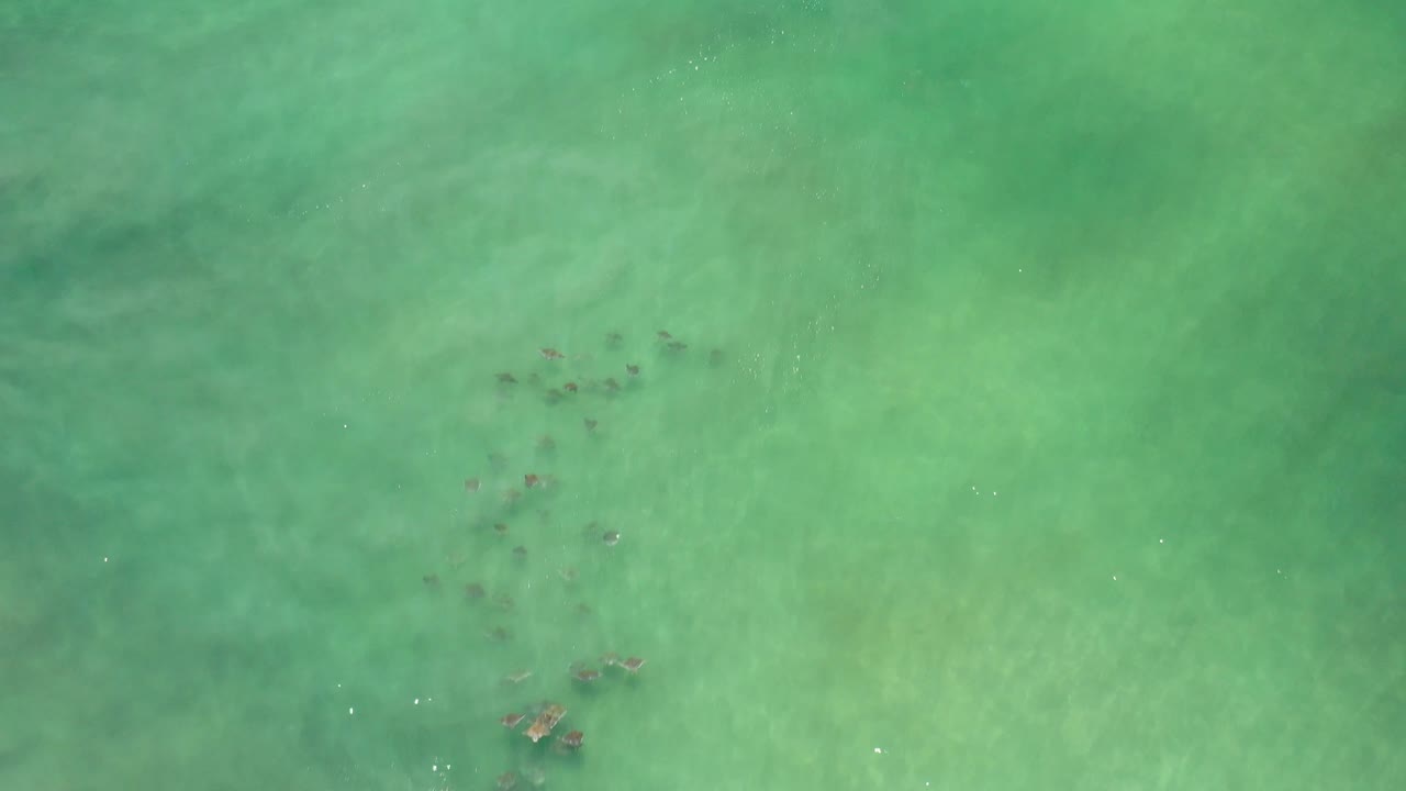 Blue-green ocean water with dark reef patches toward the upper right.