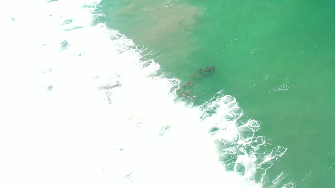 Aerial birdseye frame over Los Cabos water, with bright foam spreading diagonally from the left and several dark underwater patches visible near the middle, no visible people.
