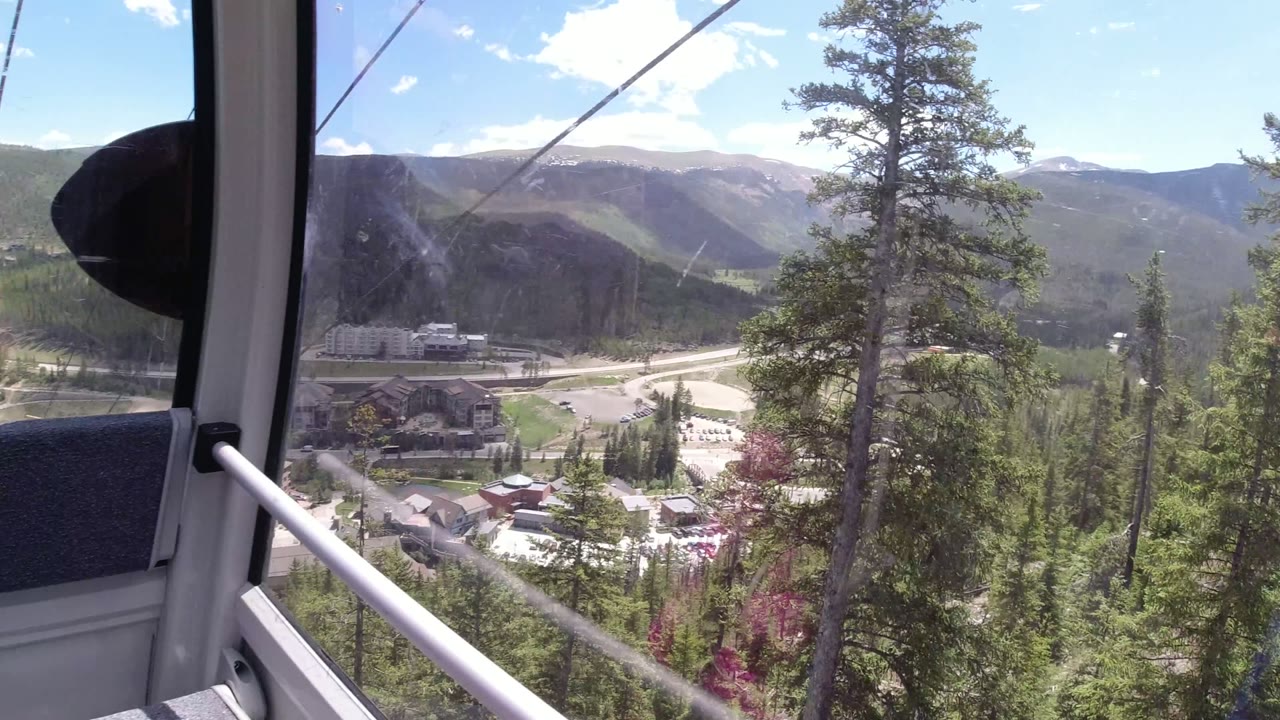 Second cable car view in Winter Park, Colorado, with a tall pine tree near the right window edge, gray seating, lift cable lines, valley roads, buildings, and mountains, with no visible people.