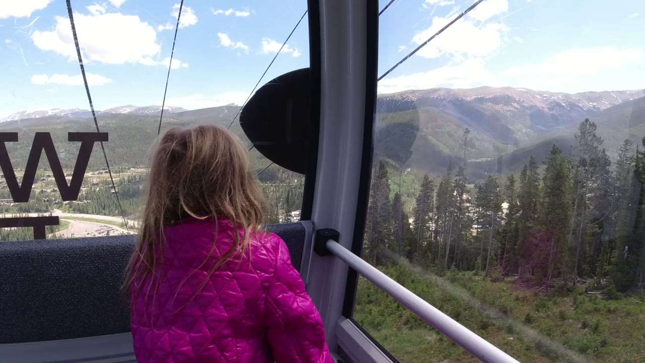 Child in a magenta jacket looking out a cable car window at forested mountains.