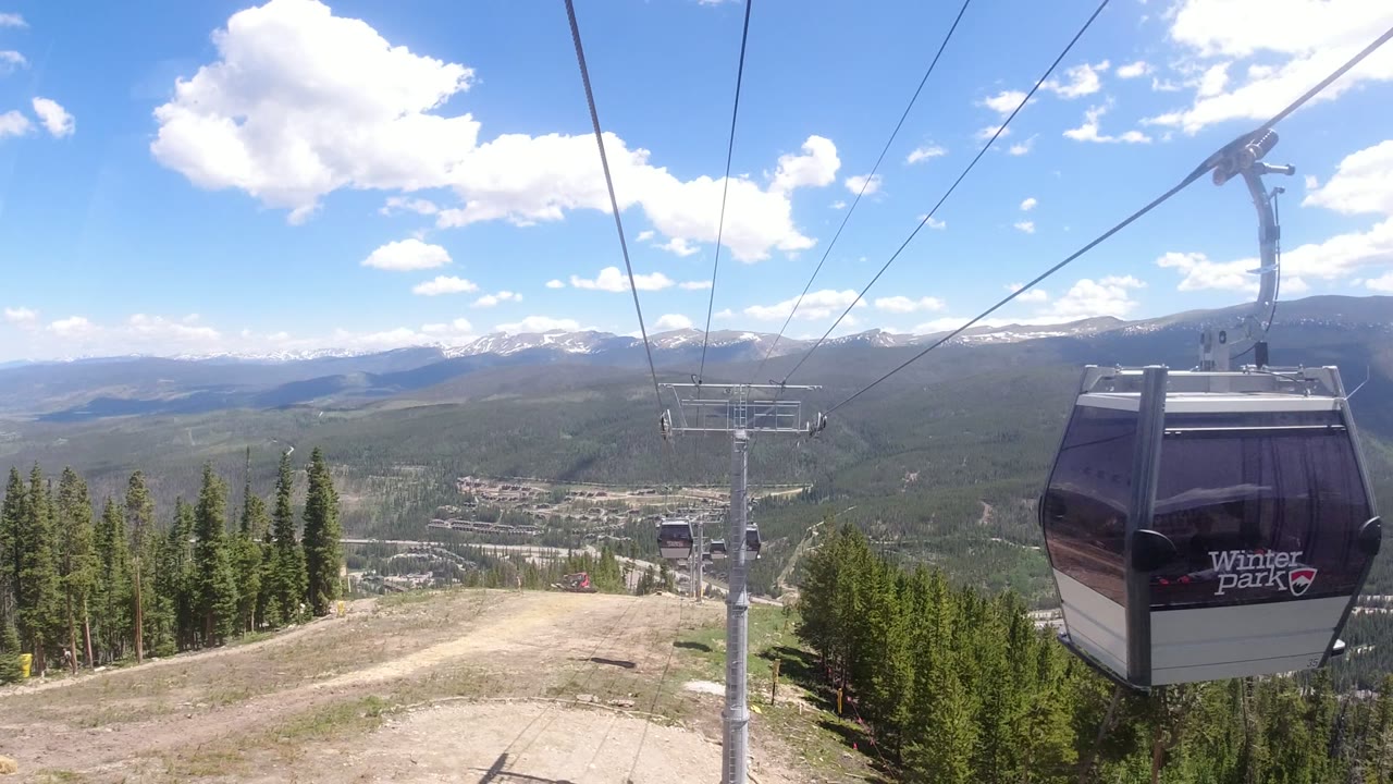 Gondola cabin on cables above forested mountains