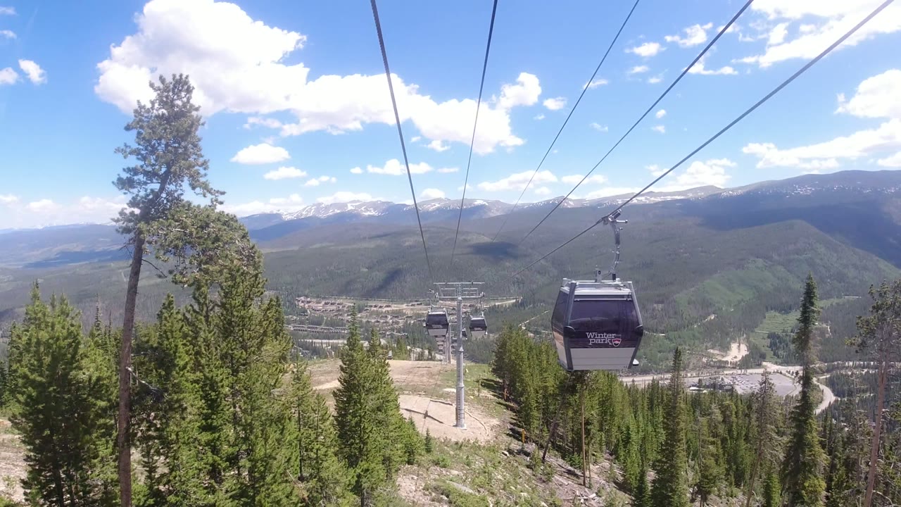 Winter Park gondola cabins recede along overhead cables above pine trees, with broad green hills and snow-streaked ridges in the background and no visible people.