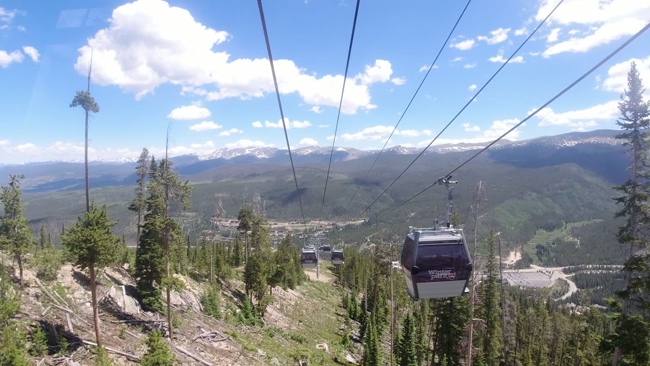 A Winter Park gondola cabin with visible resort branding passes close to the elevated camera, with forest, valley, and clouds behind it, and no visible people.