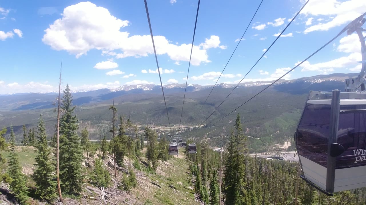 Gondola cabin passing close to the camera above a forested mountain slope.