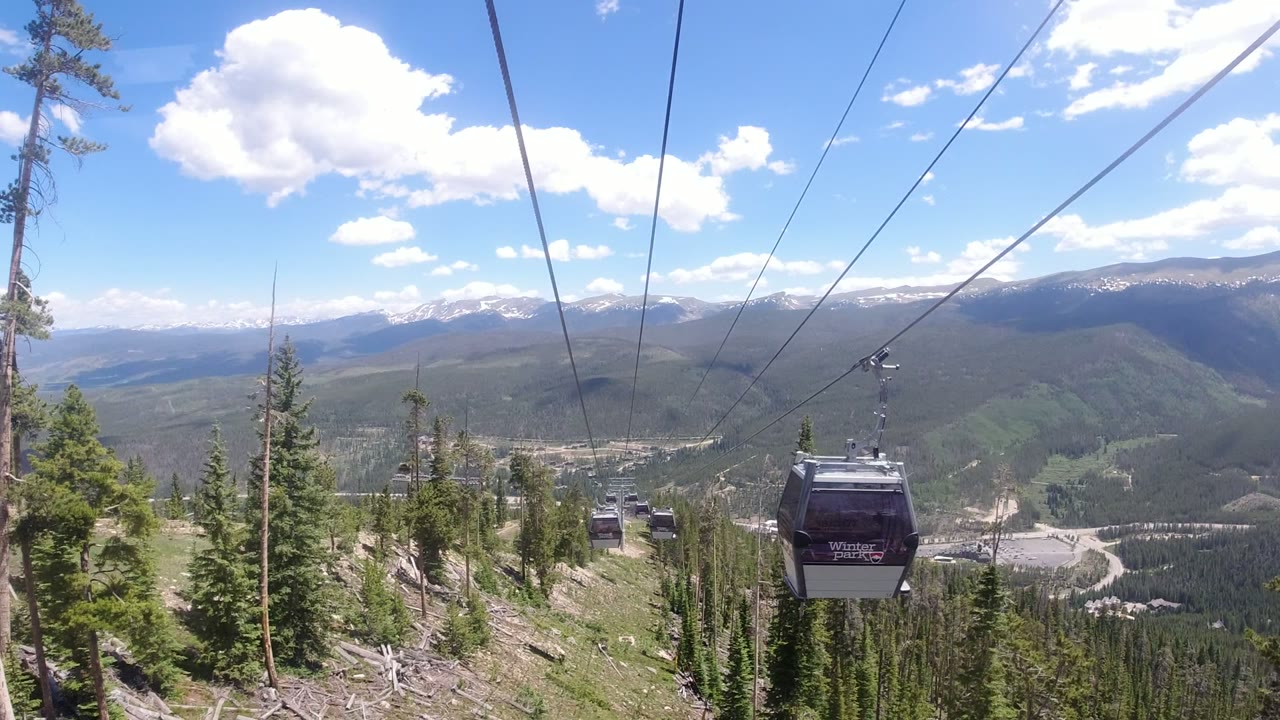 Mid-distance gondola cabin suspended over conifers with Winter Park, Colorado valley roads and mountain ridges in the background, no visible people.
