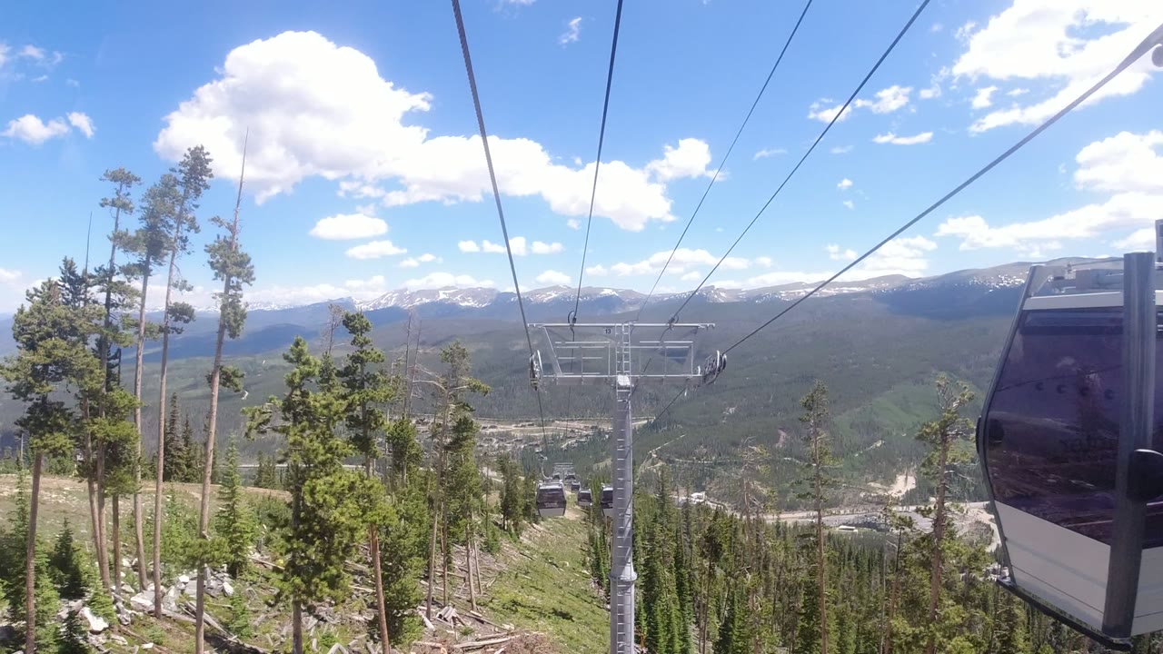 Wide view in Winter Park, Colorado of gondola cables stretching over evergreen slopes toward distant snow-patched ridges under a blue sky, with no visible people.
