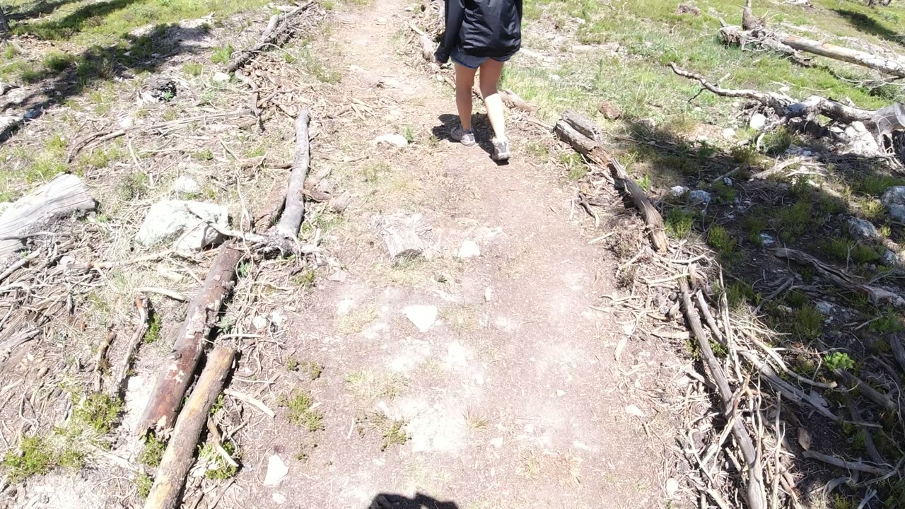 In Winter Park, Colorado, the first frame looks down at an adult hiker's lower legs on a dusty trail bordered by roots, sticks, rocks, and grass.