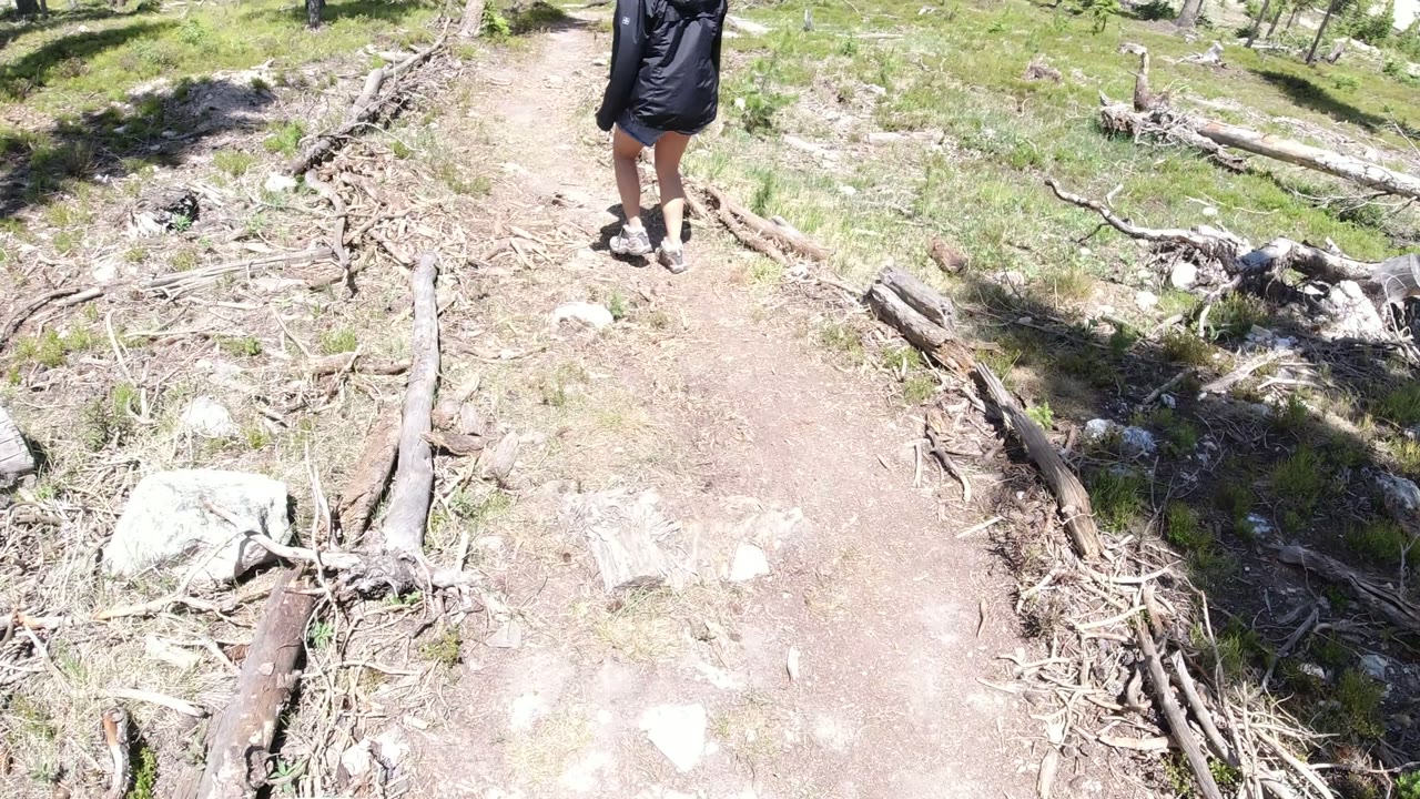 The Winter Park trail remains framed from above as the adult hiker's legs appear near the top edge, with pale dirt, exposed roots, and small rocks below.