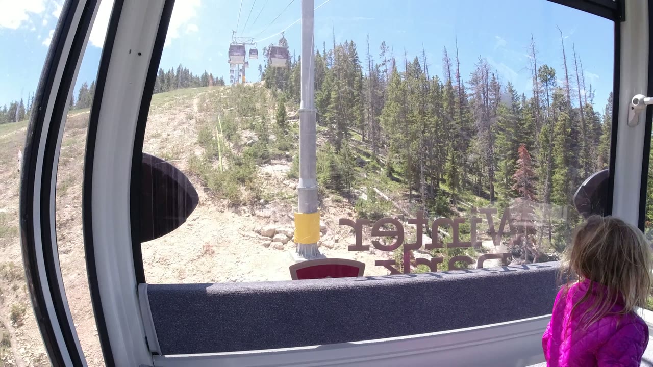 Gondola window view of a sunny hillside with trees and a child partly visible.