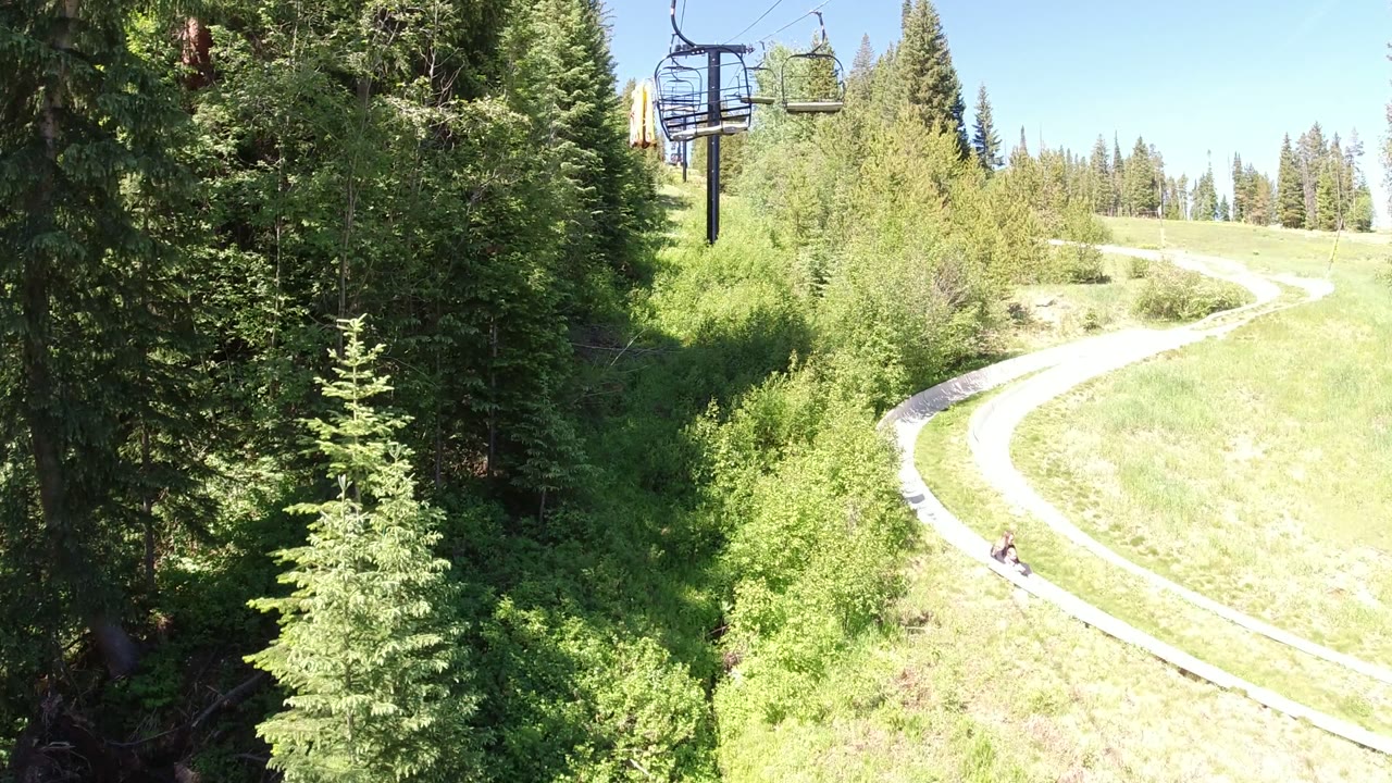 Winter Park, Colorado frame with a pale curving track running through sunlit grass, dense trees on the left, chairlift seats above, and a tiny person on the track.