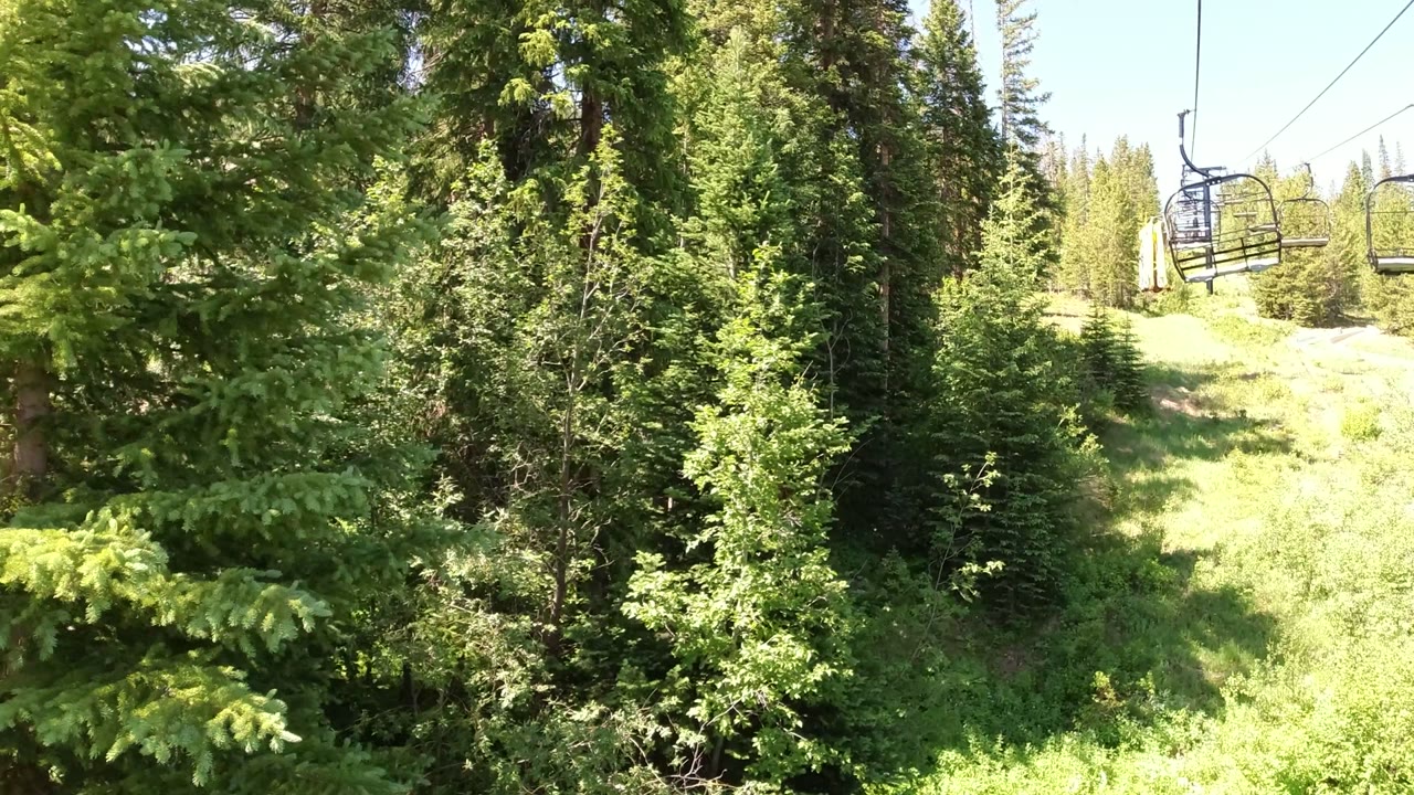 A forested Winter Park, Colorado slope fills the frame as empty lift chairs hang from cables near the top edge, with no visible people.