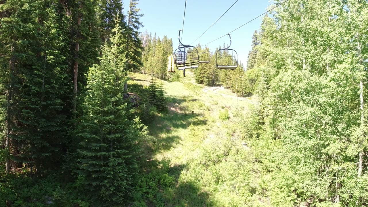 Chairlift seats and cables sit near the top of frame above bright leafy trees, evergreens, and a sunlit grassy Winter Park hillside with no visible people.