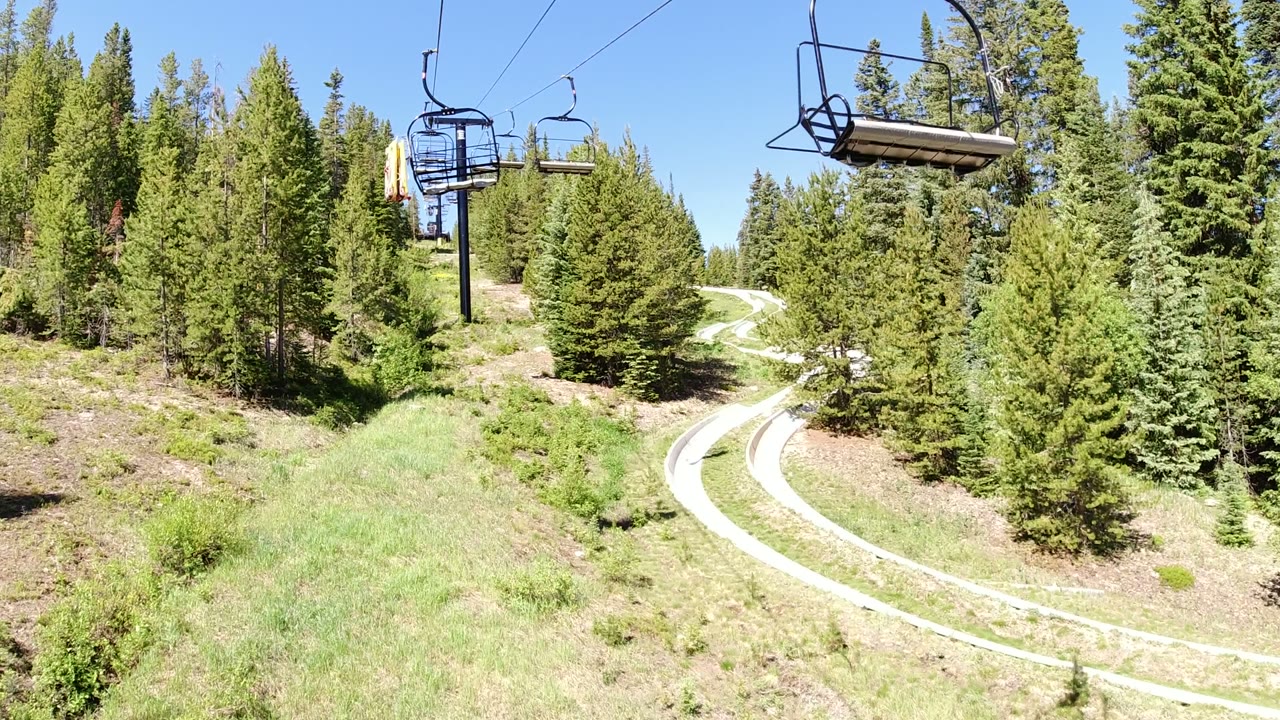 Chairlift cables above a winding track through evergreen trees.