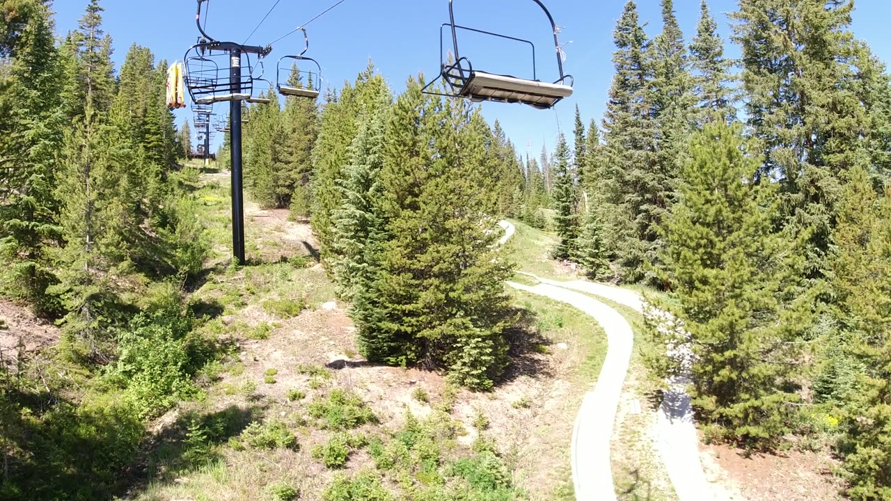 Empty chairlift seats over evergreen trees and a pale winding path.