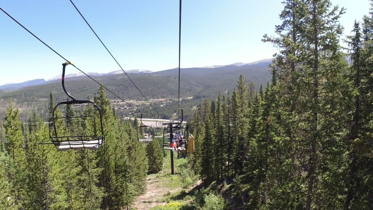 Chairlift cables over green forest and distant mountains.